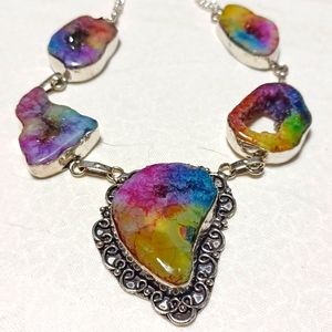 Solar agate rainbow colorful druzy necklace silver crystal vintage style gems